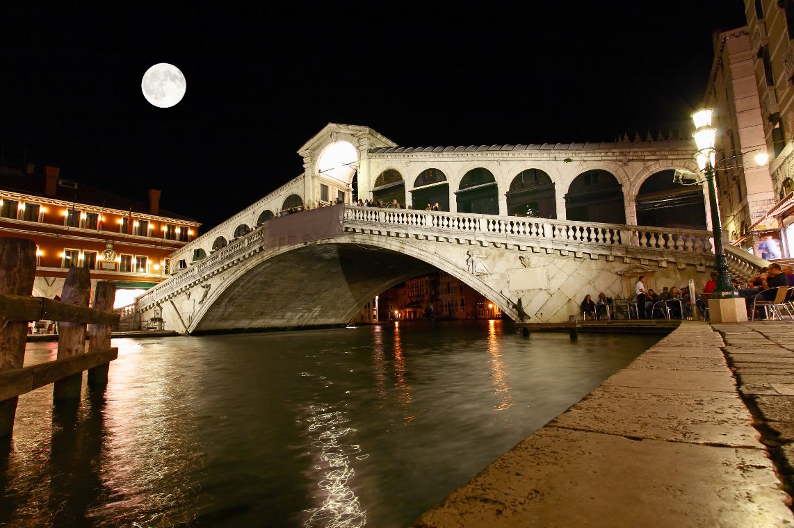 The scenery along the Grand Canal in Venice Italy at night